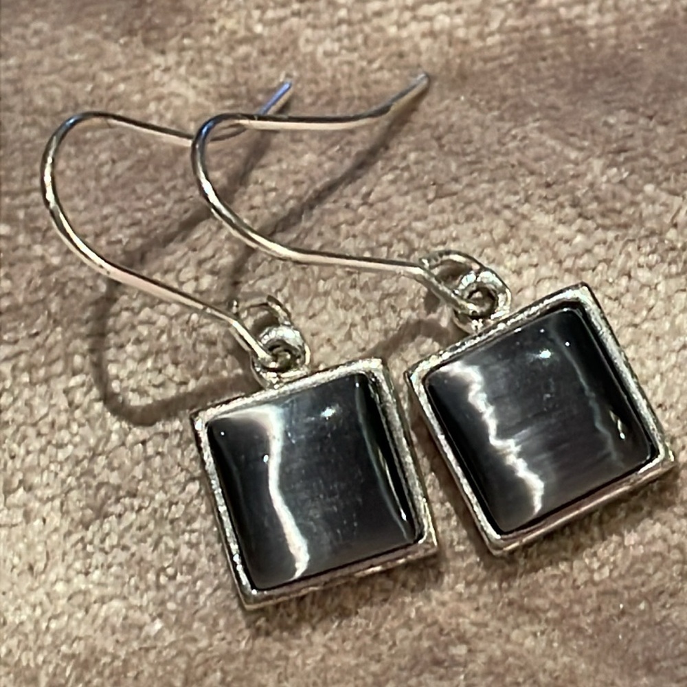 Star of India Silver And Dark Grey Earrings Geometric Square French Hook Backs
